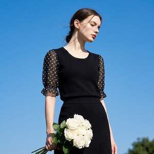 Love Ever After Women's Black Knit Top with Sheer Polka Dot Puff Sleeves #987